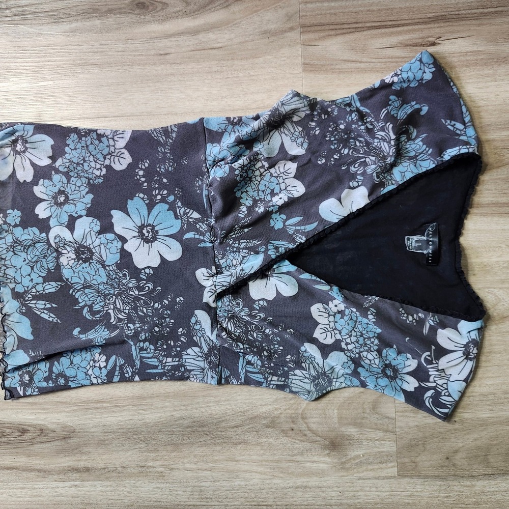 Vintage Floral Mesh Y2K Baby Doll Top Lettuce Hem V-Neck Large 90s Fairy
